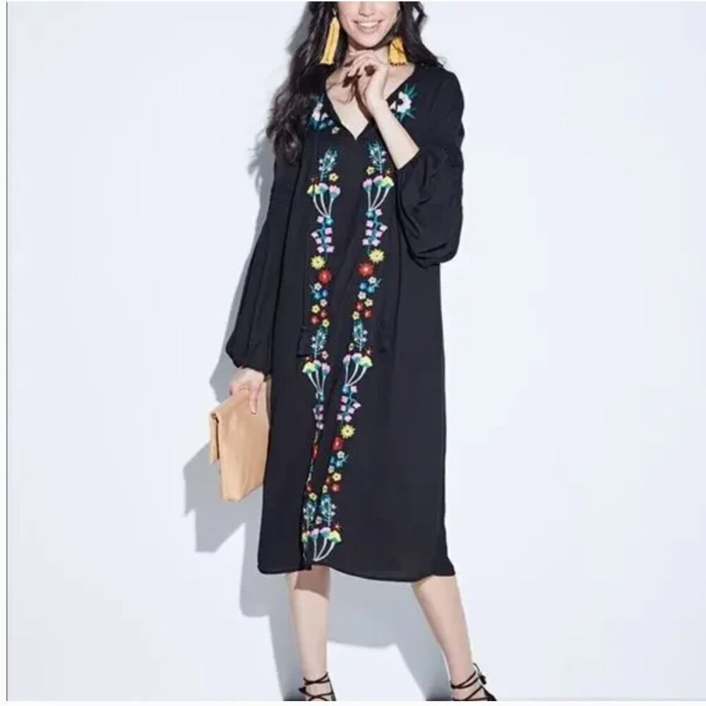 Neiman Marcus Sheer Embroidered Dress Midi Black Oversize Shift Women Large - Picture 2 of 13